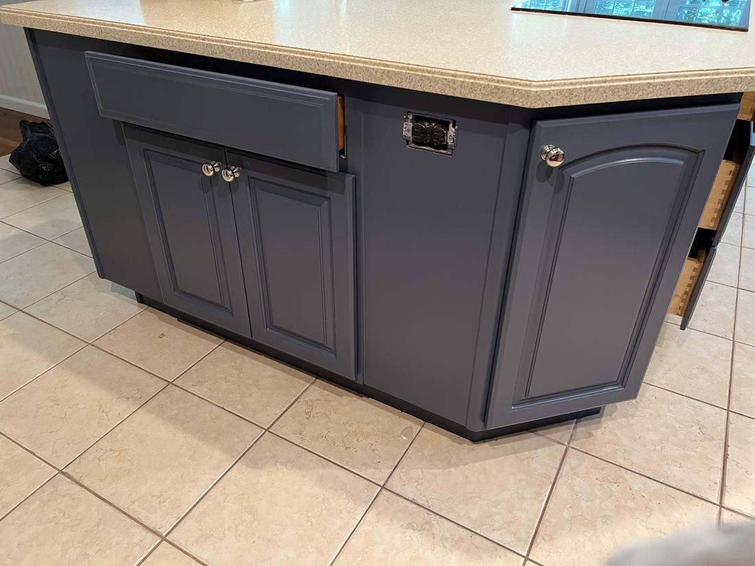 Navy painted island cabinets